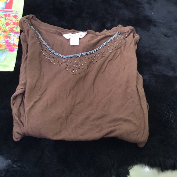 Aeropostale Brown V-Neck Long Sleeves Sheer Tee Beaded Neckline Viscose Size S - Picture 10 of 10
